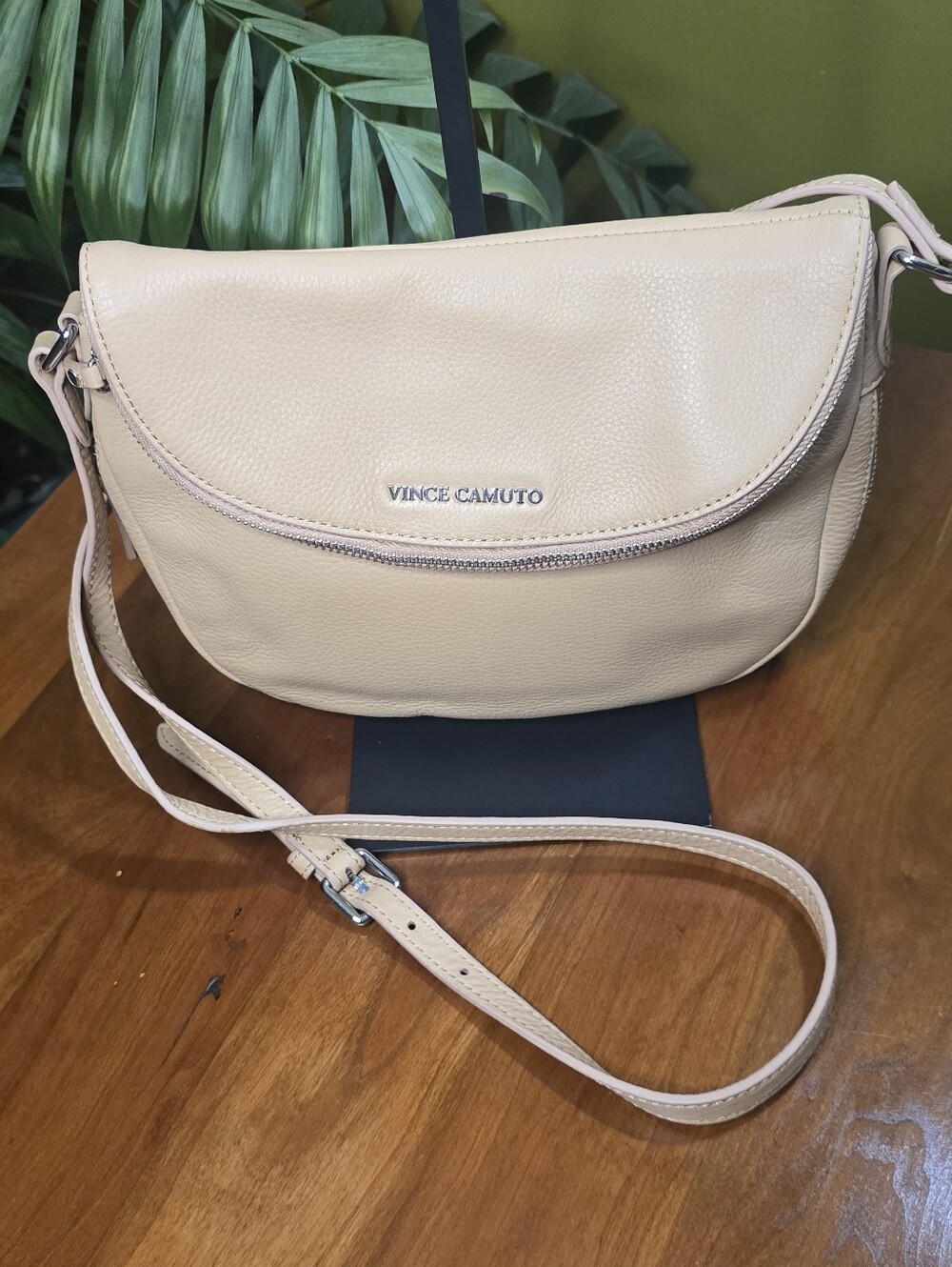 Vince Camuto Rori Nude Beige Leather Crossbody Bag Foldover Expandable